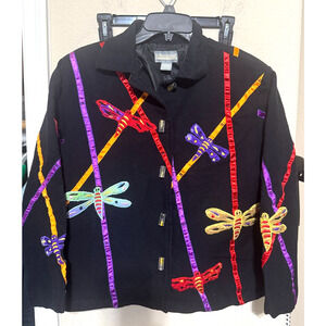 Vintage Black Cotton Jacket colorful embroidered Dragonflies artsy 90s womens L